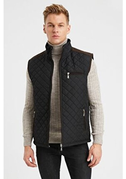 Erkek Siyah Polar Astarlı Rahat Kalıp Kapitone Yelek