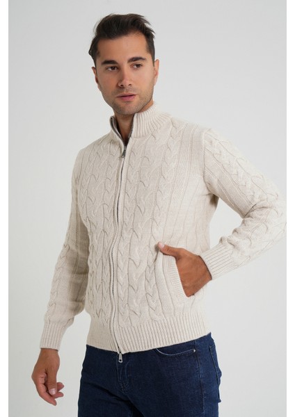 Cepli Arka Kol Fitilli Yürütme Saç Örgülü Dik Yaka Yün Hırka