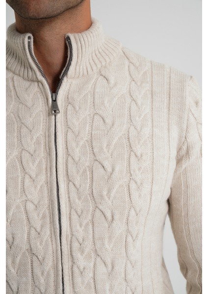 Cepli Arka Kol Fitilli Yürütme Saç Örgülü Dik Yaka Yün Hırka