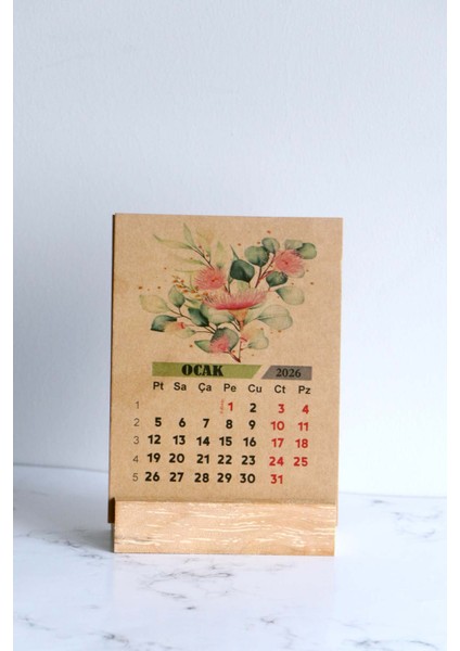 2026 Ahşap Ayaklı Çiçek Tasarımlı Kraft Karton Takvim