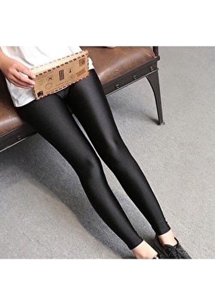 Kadın Parlak Disco Tayt Slim Fit Tasarım Toparlayıcı Özelliklerle Siyah