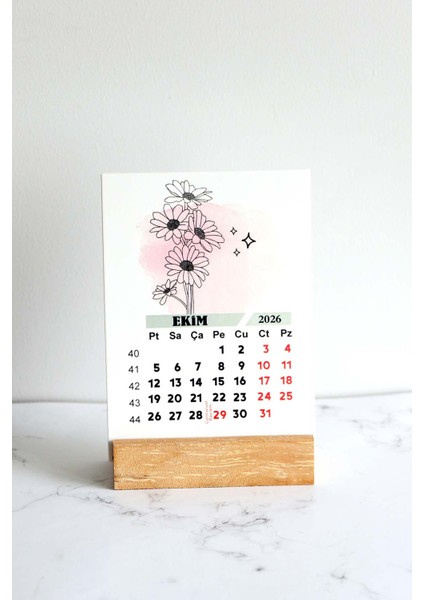 2026 Ahşap Ayaklı Minimalist Çiçek Tasarımlı Vintage Takvim