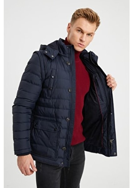 Erkek Lacivert Kaban + Yelek 2 Si Bir Arada Su Geçirmez Kaplamalı Kumaş