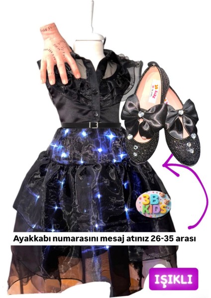 Wednesday Işıklı Kostüm Elbise Wednesday Babet Ayakkabı Doğum Günü Hediye Seti