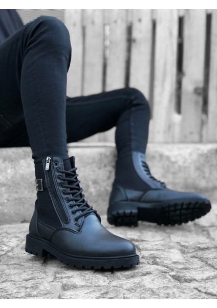 ET0218 Yan Toka Fermuarlı Siyah Erkek Spor Klasik Postal Bot