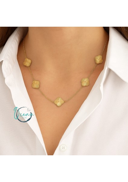 Çelik Gold Renk Zincir Işlemeli Yonca Model Kadın Kolye fiyatları