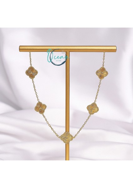 Çelik Gold Renk Zincir Işlemeli Yonca Model Kadın Kolye modelleri
