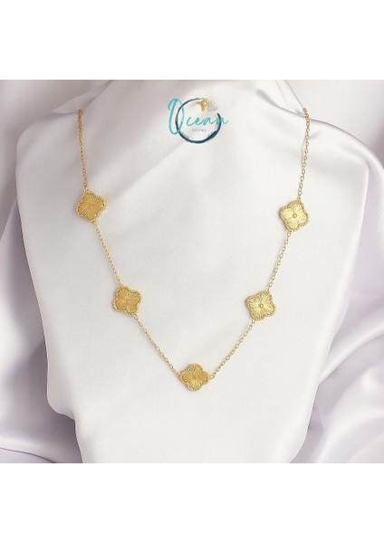 Çelik Gold Renk Zincir Işlemeli Yonca Model Kadın Kolye fırsatları