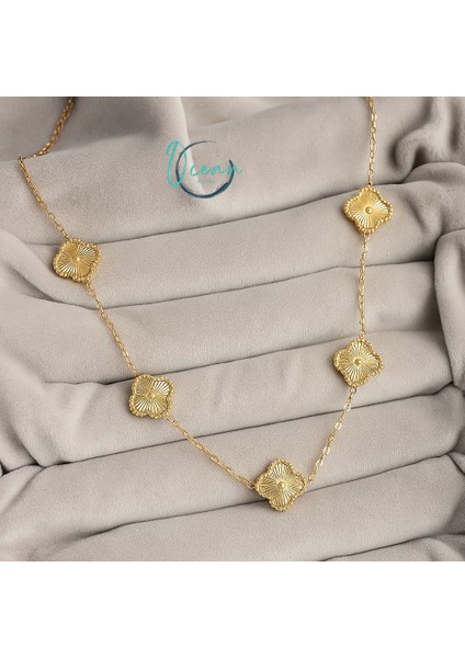 Çelik Gold Renk Zincir Işlemeli Yonca Model Kadın Kolye indirimleri