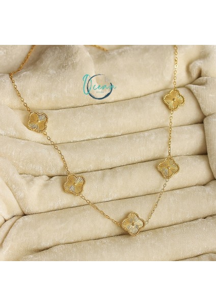 Çelik Gold Renk Zincir Işlemeli Yonca Model Kadın Kolye