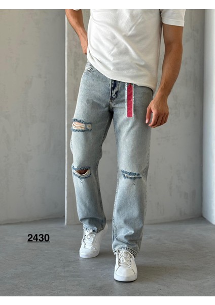 Denım Man Erkek Mavi Baggy Kalıp Yırtık Detaylı Jean Pantolon