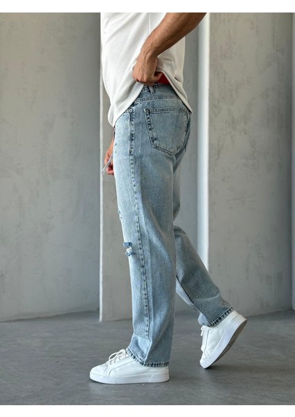 Denım Man Erkek Mavi Baggy Kalıp Yırtık Detaylı Jean Pantolon fiyatları