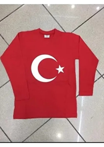 Unisex Kırmızı Tişört Uzun Kol Pamuklu Casual Tarzda Türk Bayrağı Desenli