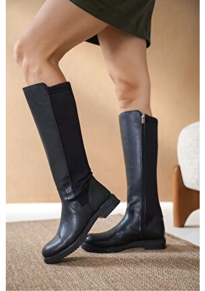 Kadın Olivya Siyah Dalgıç Mat Deri Çizme - Suni Deri Dolgu Topuklu Rahat Kullanım