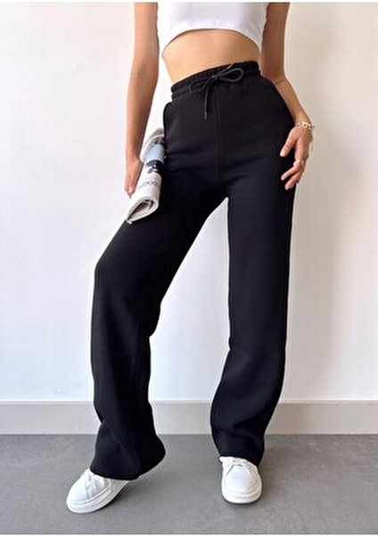 Kadın Siyah Içi Polarlı Kışlık Bağcıklı Yüksek Bel Bol Paça Eşofman Altı