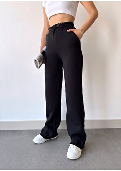 Kadın Siyah Içi Polarlı Kışlık Bağcıklı Yüksek Bel Bol Paça Eşofman Altı fiyatları