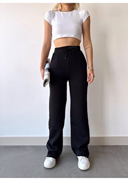 Kadın Siyah Içi Polarlı Kışlık Bağcıklı Yüksek Bel Bol Paça Eşofman Altı