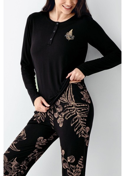 Kadın Modal Pamuk Yakası Düğmeli Pijama Takım, Alt Pijama Cepli ve Desenli modelleri