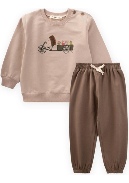 Kirpi Baskılı Sweatshirt Takım 0-5 Yaş Bej