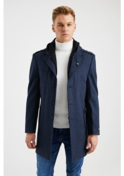 Erkek Lacivert Yün Karışımlı Desenli Kaşe Kapüşonlu Önü Fermuarlı ve Düğmeli Kaban