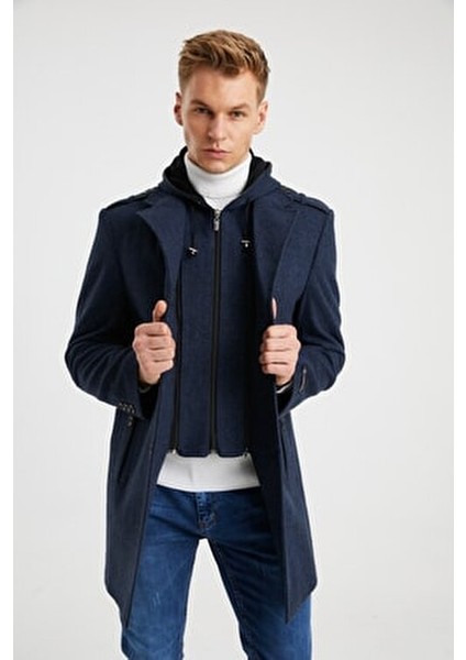 Erkek Lacivert Yün Karışımlı Desenli Kaşe Kapüşonlu Önü Fermuarlı ve Düğmeli Kaban fiyatları