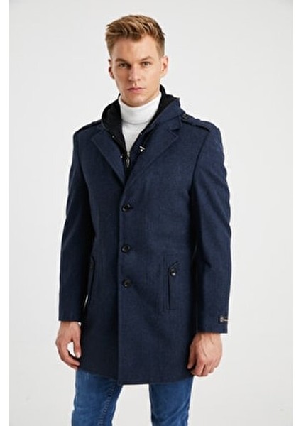 Erkek Lacivert Yün Karışımlı Desenli Kaşe Kapüşonlu Önü Fermuarlı ve Düğmeli Kaban modelleri