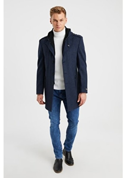 Erkek Lacivert Yün Karışımlı Desenli Kaşe Kapüşonlu Önü Fermuarlı ve Düğmeli Kaban fırsatları
