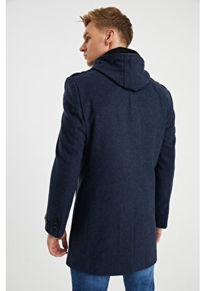 Erkek Lacivert Yün Karışımlı Desenli Kaşe Kapüşonlu Önü Fermuarlı ve Düğmeli Kaban