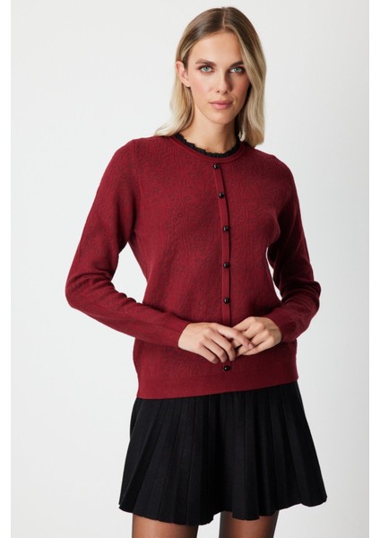 Fırfır Detaylı Triko Kazak Bordo 65368