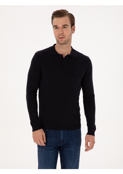 Erkek Lacivert Regular Fit Pamuk Karışımlı Polo Yaka Basic Triko Kazak 50318673-VR033