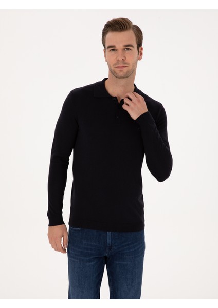 Erkek Lacivert Regular Fit Pamuk Karışımlı Polo Yaka Basic Triko Kazak 50318673-VR033