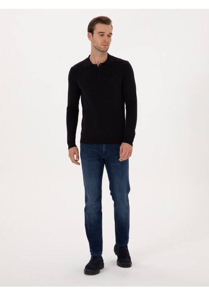 Erkek Lacivert Regular Fit Pamuk Karışımlı Polo Yaka Basic Triko Kazak 50318673-VR033