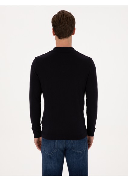 Erkek Lacivert Regular Fit Pamuk Karışımlı Polo Yaka Basic Triko Kazak 50318673-VR033