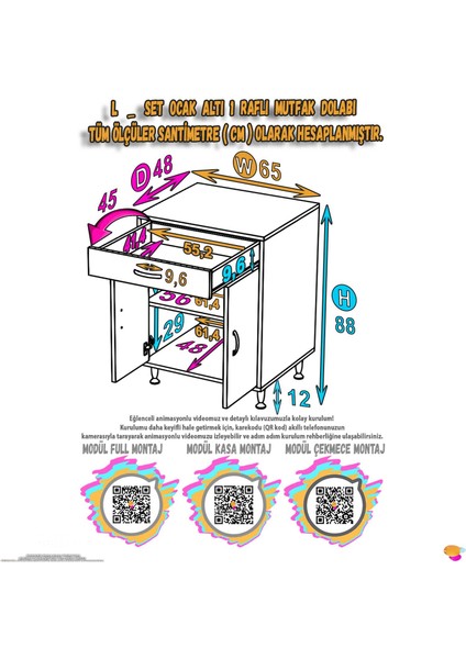 Qplas (M) Set Ocak Altı Dolap 65X88X48 cm Çekmeceli, Kapaklı 2 Göz Raf Bölmeli
