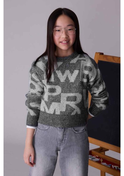 Kız Çocuk Triko Kazak Jakar Desenli – Gri