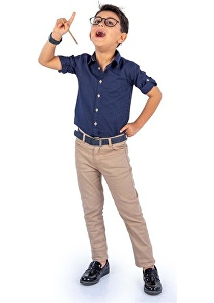 Tarz Gömlek Gabardin Pantolon Erkek Çocuk Takım MNK0422 Lacivert - Bej