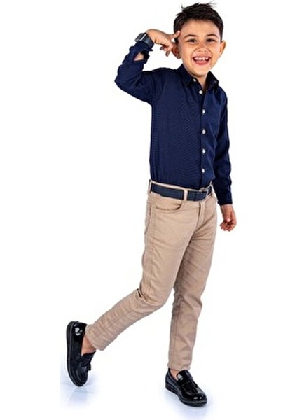 Tarz Gömlek Gabardin Pantolon Erkek Çocuk Takım MNK0422 Lacivert - Bej modelleri