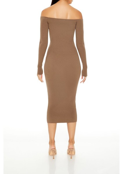 Omuzları Açık Midi Kazak Elbise