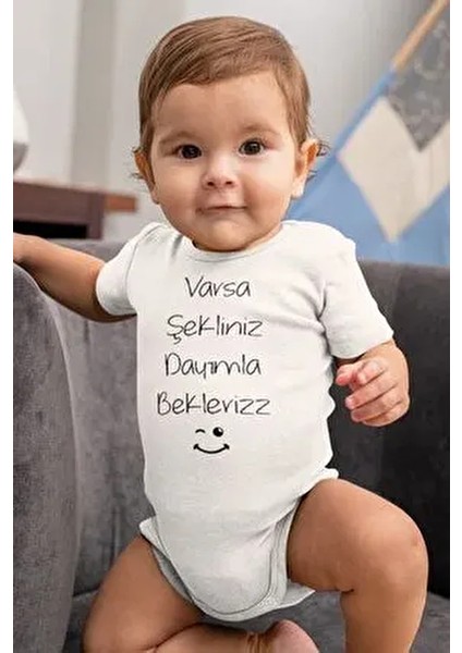 Organik %100 Pamuk Erkek Bebek Body Dayımla Bekleriz Baskılı Çıtçıtlı Uzun Kollu