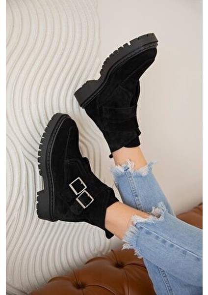 Soft Kadın Toka Detay Hakiki Süet Deri Postal Bot Siyah