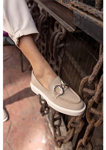 Granda Kadın Bej Gerçek Deri Suet Loafer Ayakkabı