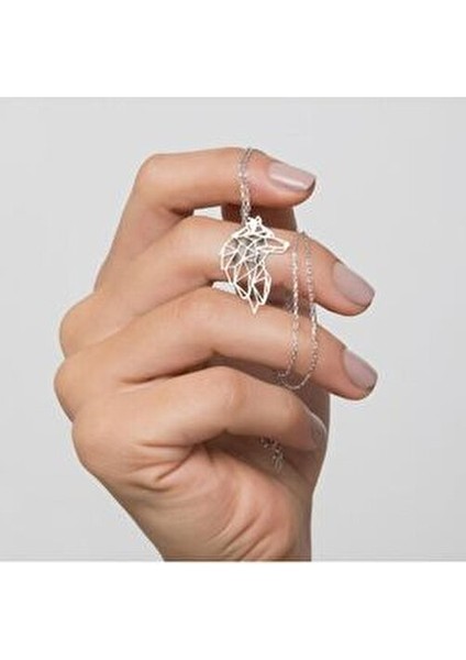 Gümüş Origami Kurt Portre Kolye 925 Ayar Zirkon Taşlı Unisex Tasarım