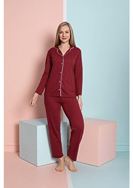Ercan Gömlek Uzun Kol Pijama Takımı Koyu Bordo