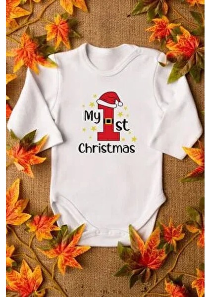 Organik %100 Pamuk My First Christmas Yılbaşı Yazılı Bebek Body Uzun Kollu Çıtçıtlı Badi Zıbın 5362
