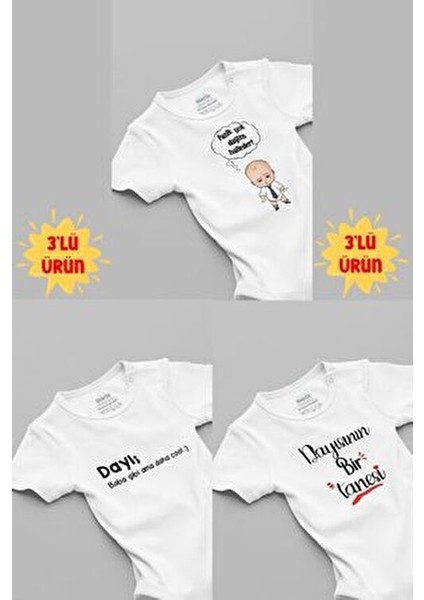 Organik %100 Pamuk Dayı 3'lü Bebek Body Set Beyaz Bebek Badi Çıtçıtlı Zıbın Üçlü 5056-5184-5249