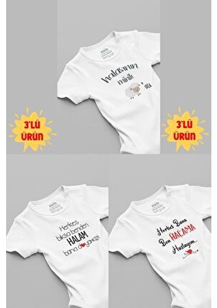Organik %100 Pamuk Hala 3'lü Bebek Body Set Beyaz Bebek Badi Çıtçıtlı Zıbın Üçlü 5135H-5137-5165
