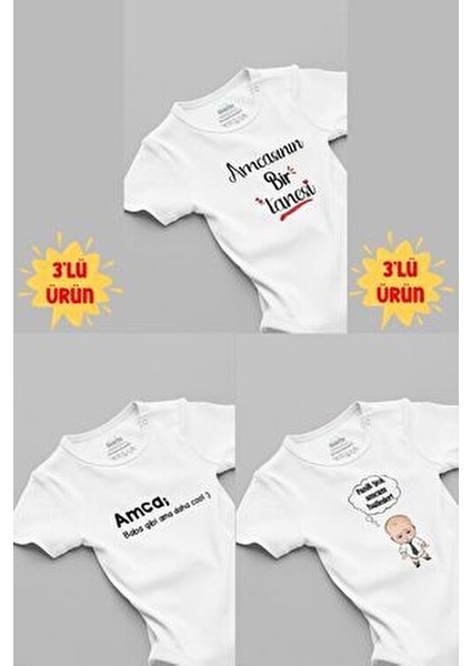 Organik %100 Pamuk Amca 3'lü Bebek Body Set Beyaz Bebek Badi Çıtçıtlı Zıbın Üçlü 5055-5183-5247