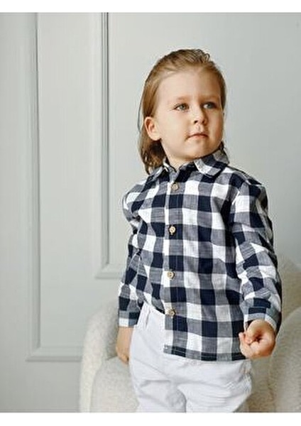 Mavi Çizgili Erkek Çocuk Gömlek Uzun Kol Günlük Stil Regular Kesim