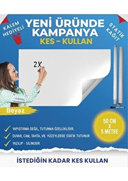 Beyaz 50X500 cm Statik Akıllı Kağıt Tahta Kalem Hediyeli