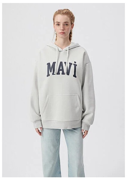 Mavi Logo Baskılı Kapüşonlu Gri Sweatshirt 1600361-34322